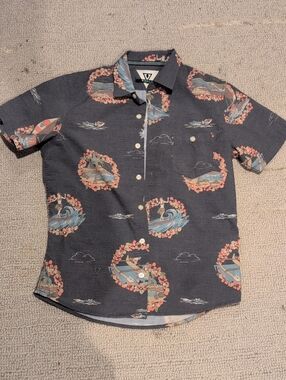 VISSLA Boys Heathered Blue Short Sleeve Tropical Print Button-Up Shirt